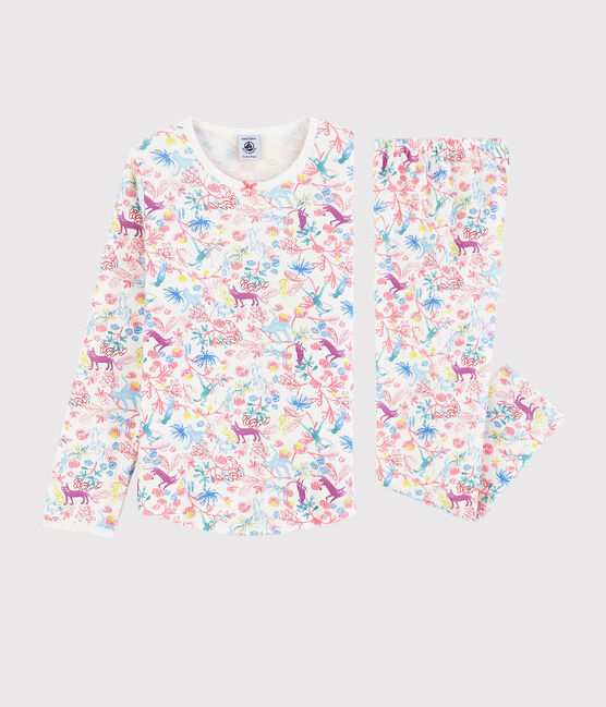 Pyjama imprimé jungle petite fille en coton blanc MARSHMALLOW/blanc MULTICO