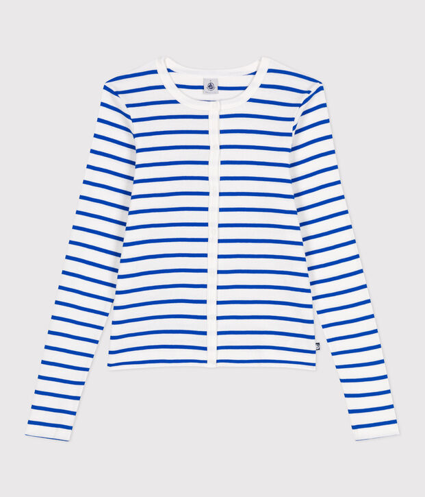 Cardigan femme en coton uni blanc/bleu