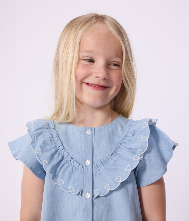 Blouse enfant en coton manches courtes unie bleu