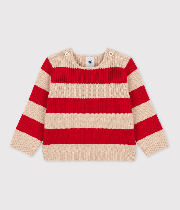 Gebreide en gestreepte trui in wol en katoen voor baby's beige/rood
