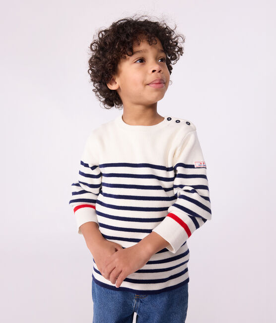 Kindertrui van wol en katoen met strepen blauw MARSHMALLOW/ SOIR