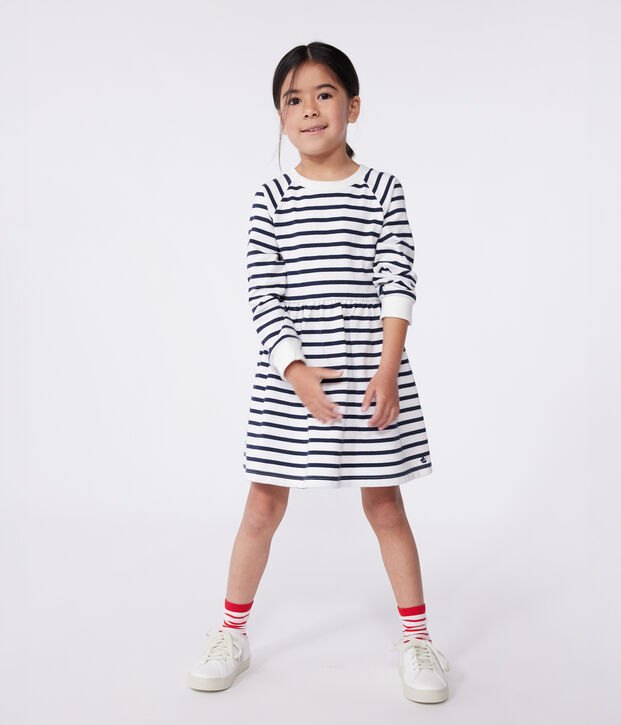 Robe enfant en coton manches longues &agrave; rayures blanc/bleu