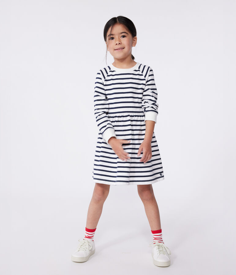 Robe enfant en coton manches longues &agrave; rayures blanc/bleu