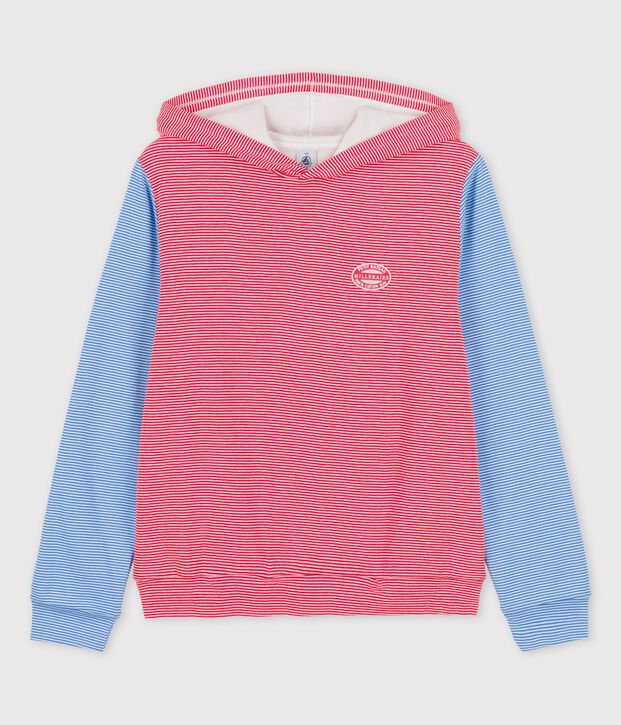 Damessweater met kap in biokatoen rood/wit