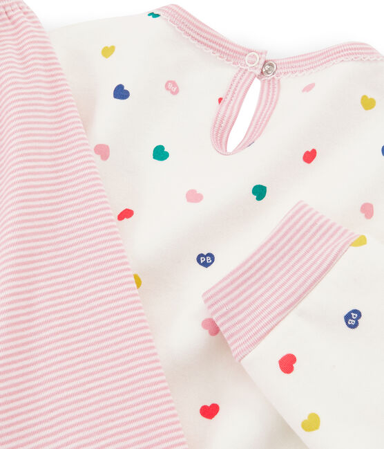Meisjesnachthemd met lange mouwen van dubbelzijdig jersey met hartjes wit MARSHMALLOW/wit MULTICO