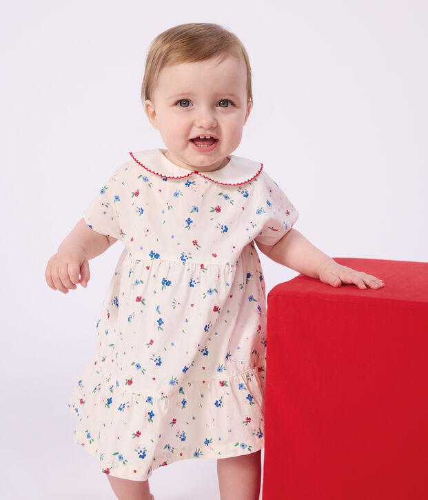 Robe b&eacute;b&eacute; en coton manches courtes et son bloomer imprim&eacute;s fleurs blanc/multicouleur