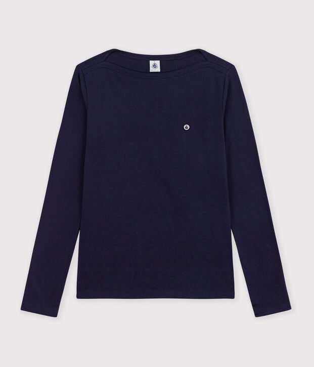 Tee-shirt femme col amiral en coton manches longues bleu marine
