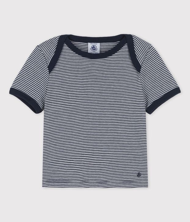 T-shirt van biokatoen met korte mouwen en milleraies-streepjes voor baby's. blauw/wit