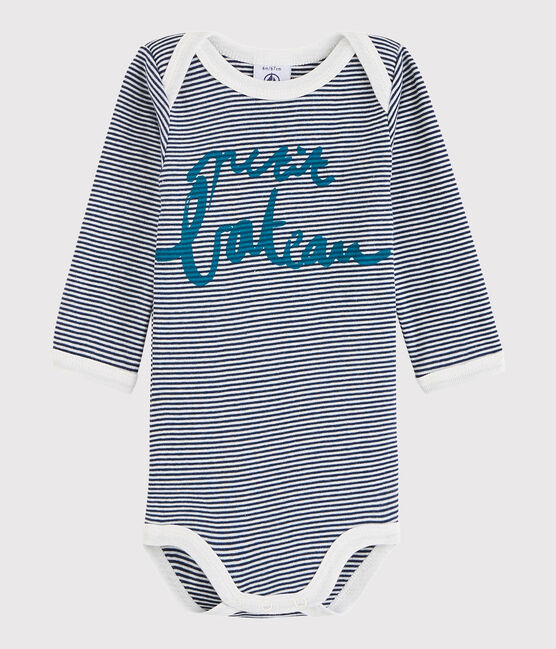 Rompertje met lange mouwen babymeisje - babyjongen blauw MEDIEVAL/wit MARSHMALLOW