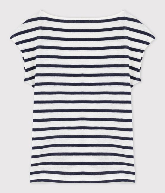 Gestreept dames-T-shirt in linnen wit LAIT/blauw SMOKING