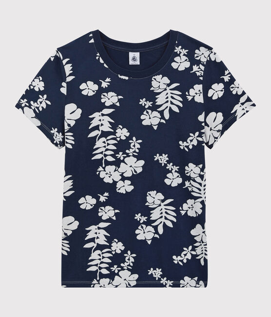 Tee-shirt LE DROIT col rond en coton bio Femme bleu MEDIEVAL/blanc MARSHMALLOW