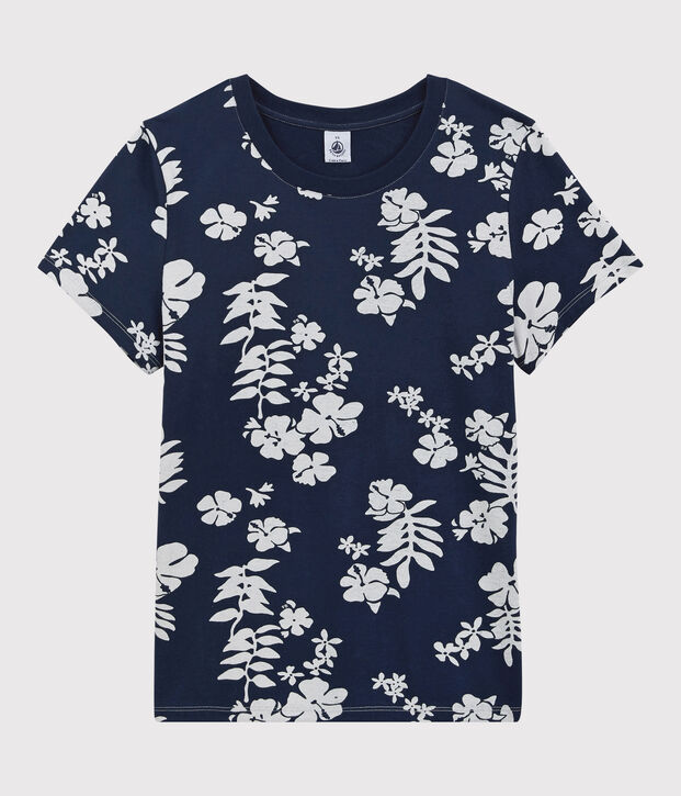 Tee-shirt LE DROIT col rond en coton bio Femme bleu/blanc
