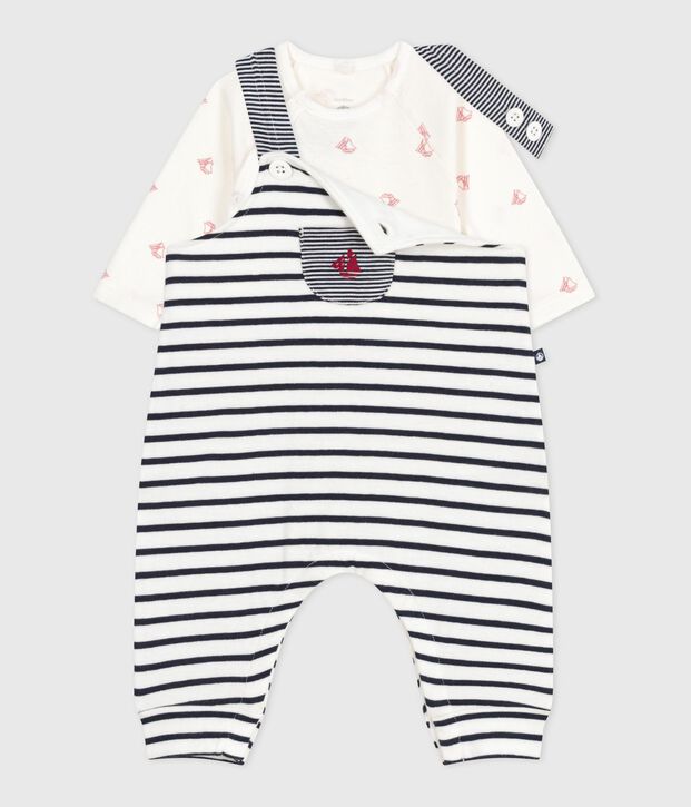 Ensemble salopette b&eacute;b&eacute; rayure marini&egrave;re et body imprim&eacute; blanc/bleu