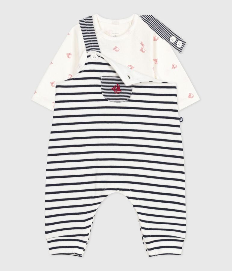 Ensemble salopette b&eacute;b&eacute; rayure marini&egrave;re et body imprim&eacute; blanc/bleu