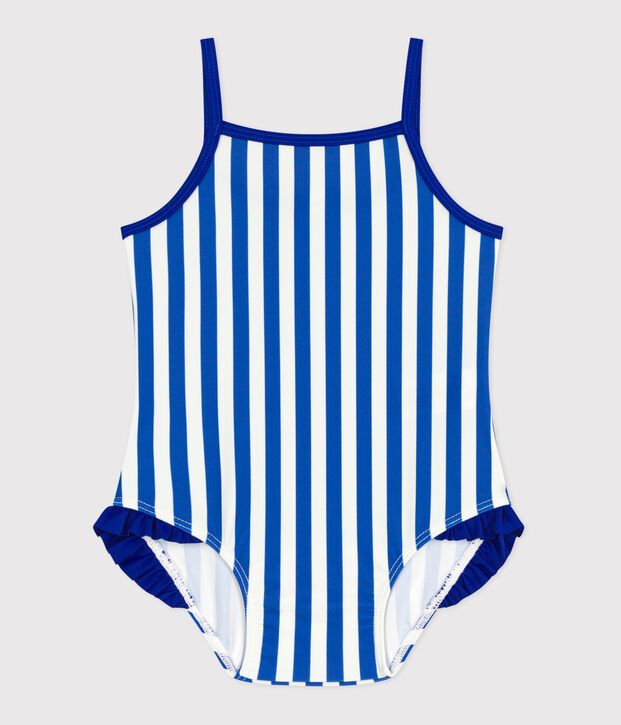Maillot de bain b&eacute;b&eacute; une pi&egrave;ce &agrave; volants, imprim&eacute; ray&eacute; bleu/blanc