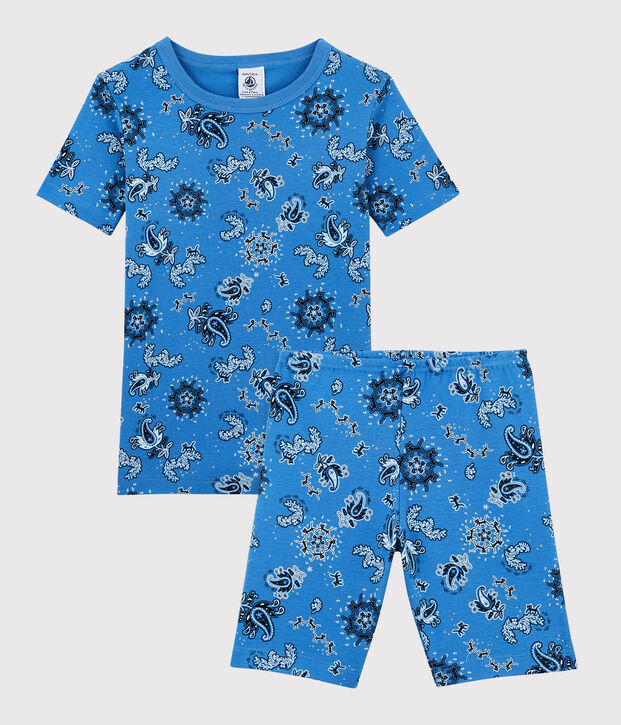 Korte jongenspyjama met bandanaprint in biokatoen blauw/multicouleur