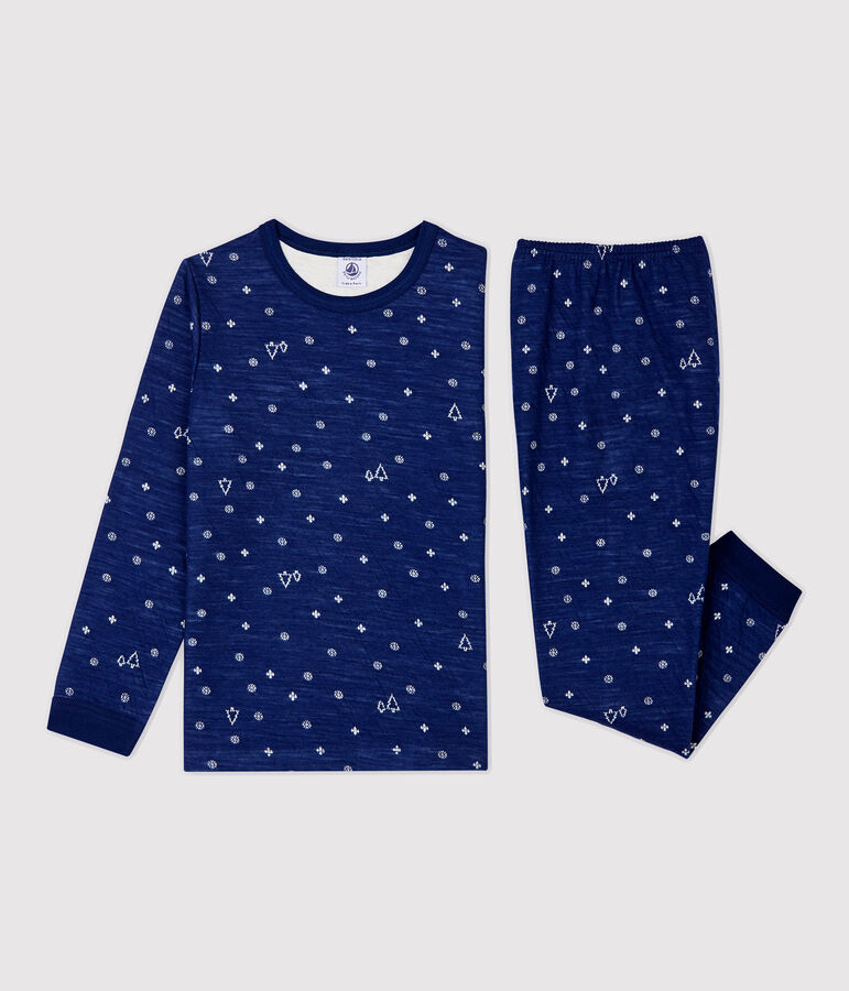 Jacquard meisjes/jongens pyjama met sneeuwvlokken van wol en katoen blauw MEDIEVAL/wit MARSHMALLOW