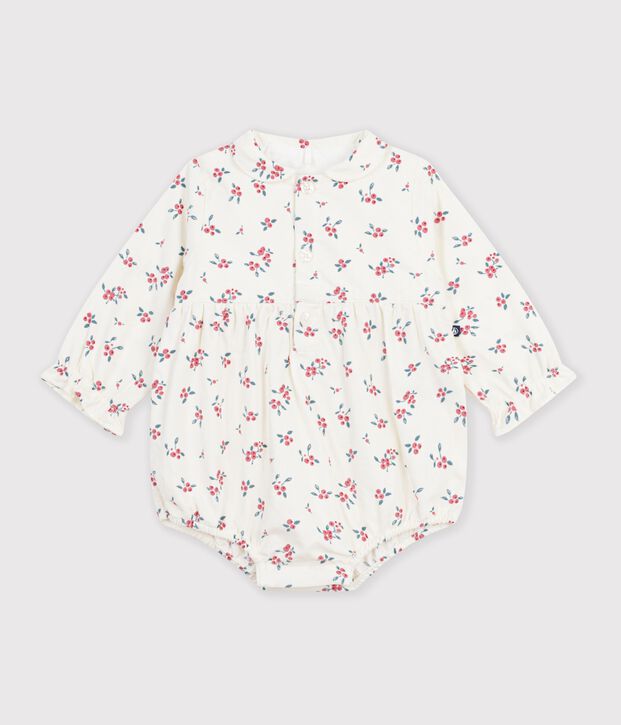 Korte babyromper van fijn fluweel met een kraagje met bosbessenprint. ecru/multicouleur