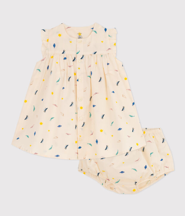 Popeline jurk en bloomer met print voor baby's ecru/multicouleur