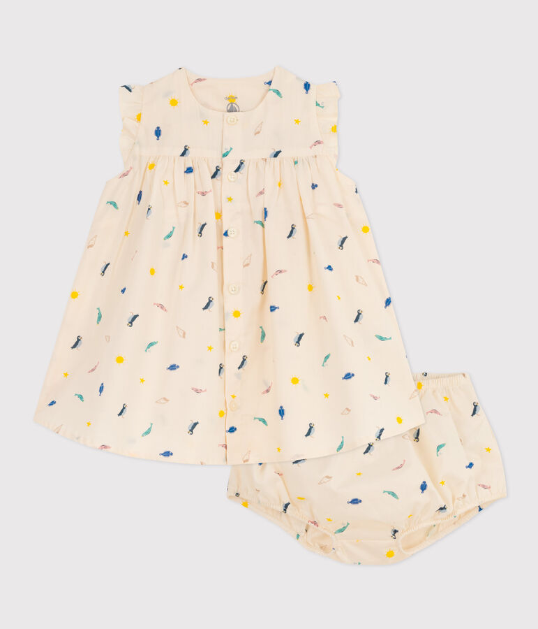 Popeline jurk en bloomer met print voor baby's ecru/multicouleur