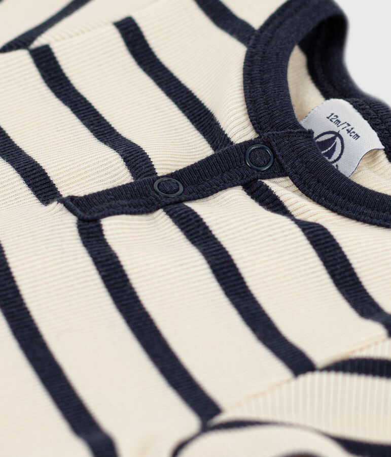 Body manches courtes b&eacute;b&eacute; en maille c&ocirc;tel&eacute;e ray&eacute;e &eacute;cru/bleu