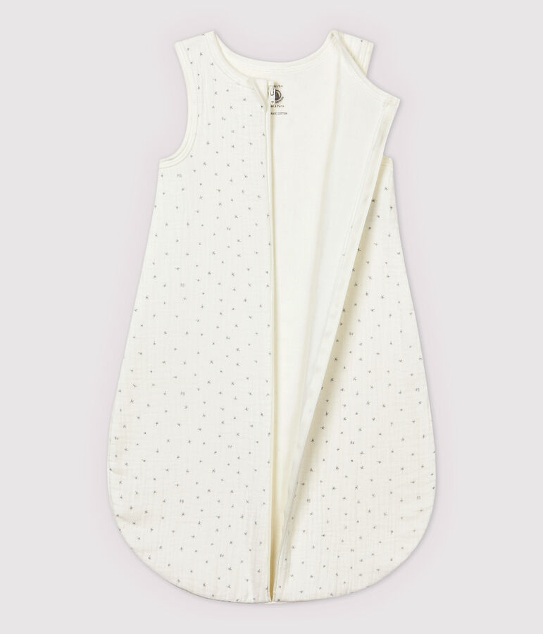 Witte babytrappelzak met sterren van biologisch katoenen laagjesstof wit/grijs