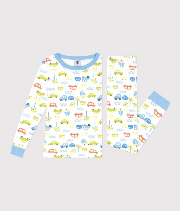 Nauw aansluitende katoenen kinderpyjama met autootjesprint wit/multicouleur