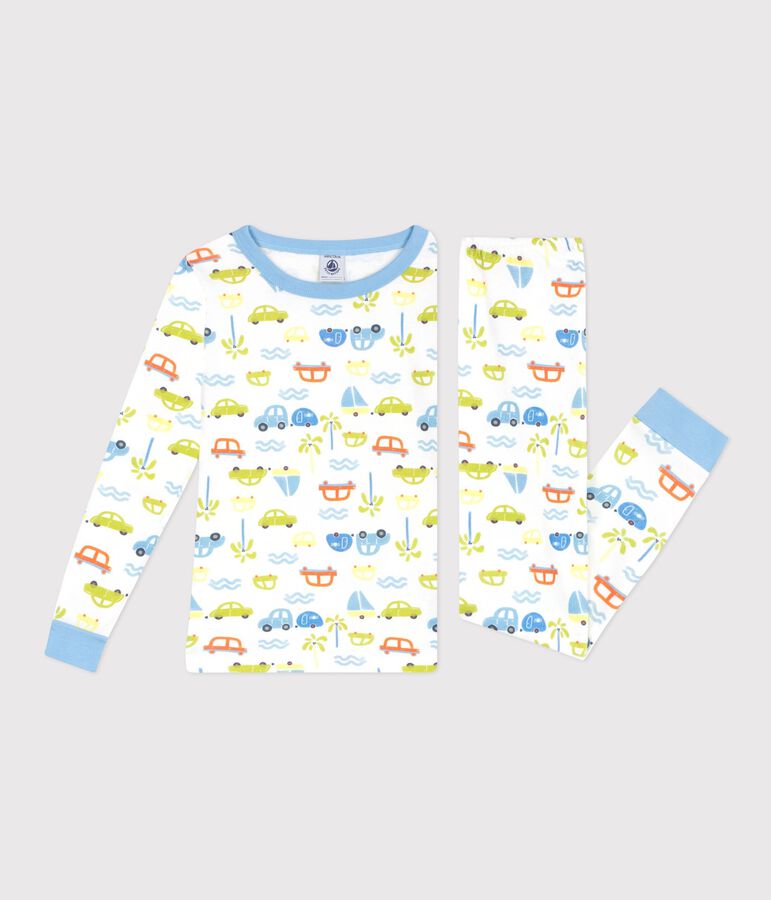 Pyjama tr&egrave;s ajust&eacute; enfant en coton imprim&eacute; voitures blanc MARSHMALLOW/blanc MULTICO