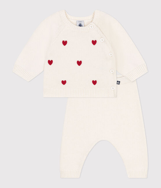 Tweedelig gebreid babysetje met geborduurde hartjes rood MARSHMALLOW/ POMPEI
