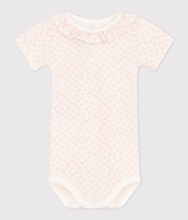 Body manches courtes &agrave; collerette en coton b&eacute;b&eacute; blanc/rose