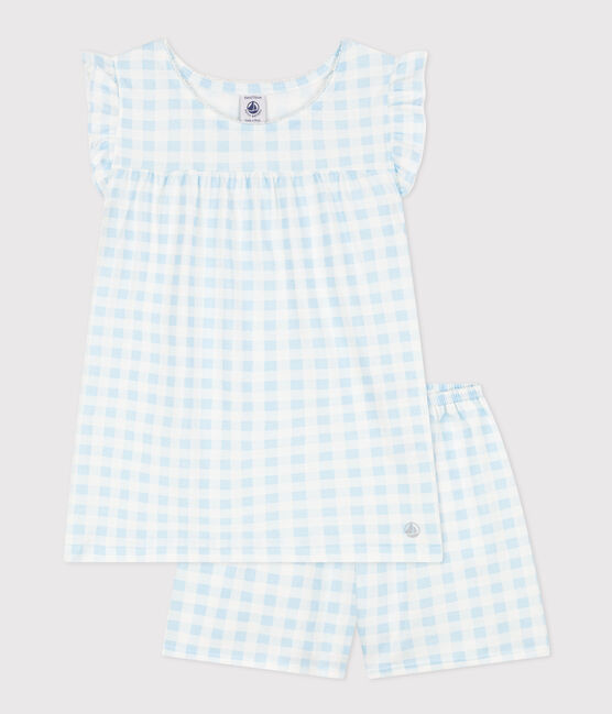 Korte meisjespyjama van dun katoen met vichyruitjes blauw MARSHMALLOW/wit GOMME
