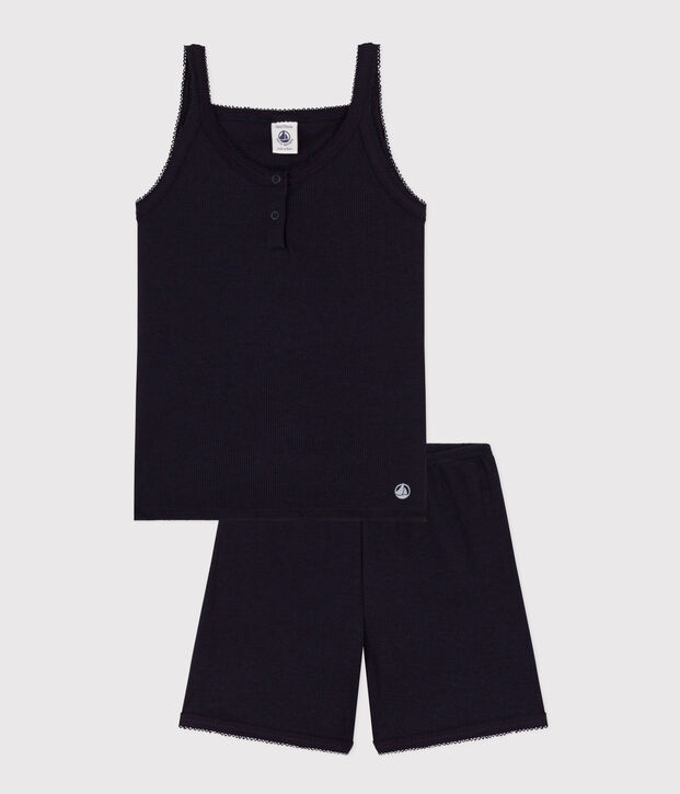 Pyjacourt &agrave; bretelles uni en coton et lyocell petite fille bleu marine