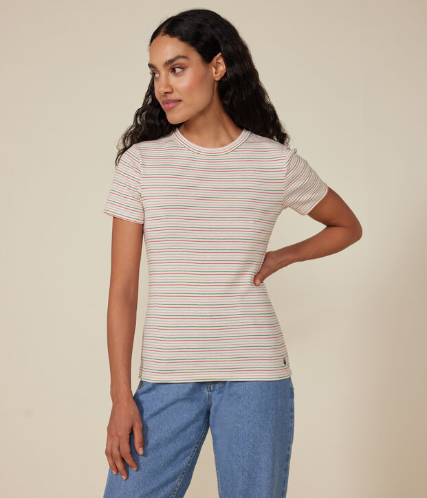 T-shirt met korte mouw van gestreepte ribstof voor dames - L'Iconique ecru/multicouleur