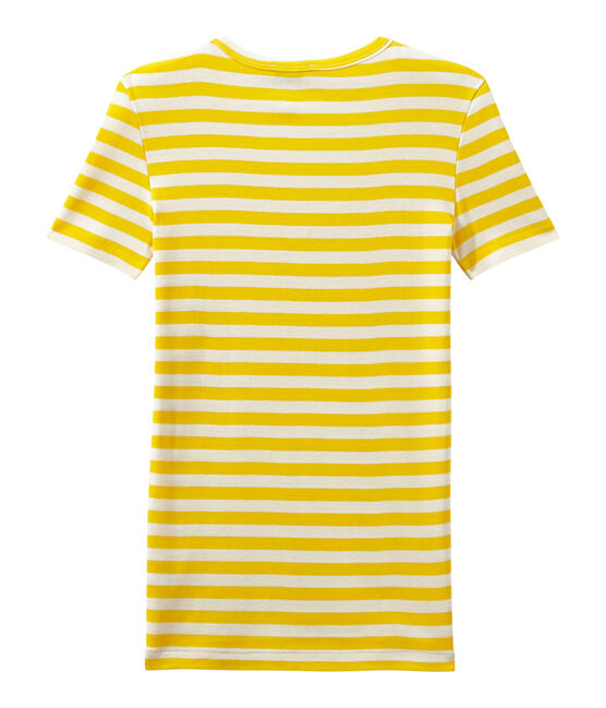 Gestreept dames-T-shirt met V-hals in origineel geribd katoen geel SHINE/wit MARSHMALLOW