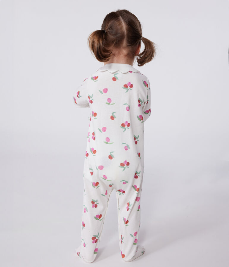 Katoenen babypyjama met golvend kraagje en vruchtenprint wit/multicouleur