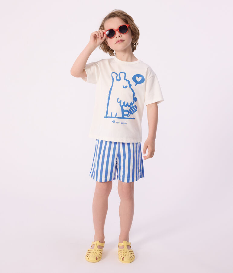Gestreepte zwemshort voor kinderen DELPHINIUM/ MARSHMALLOW