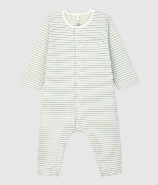 Lang gestreept babypakje in biologisch tubic wit MARSHMALLOW/ HERBIER