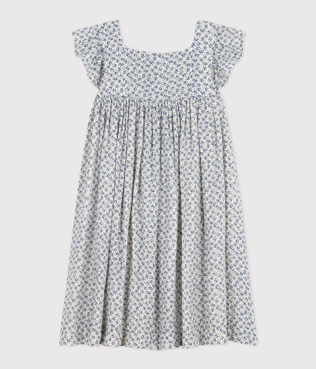 Jurk met print van licht katoen zonder mouwen voor meisjes ecru/blauw