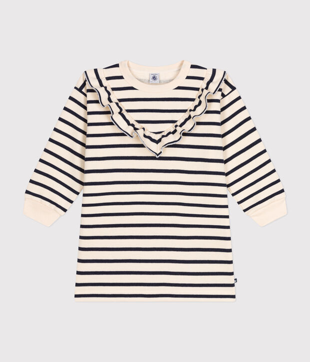 Robe manches longues en molleton gratt&eacute; enfant fille &eacute;cru/bleu