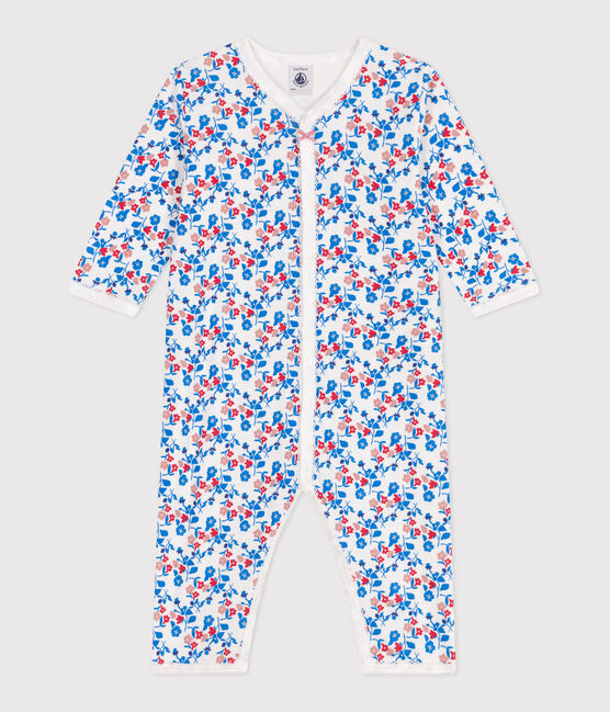 Katoenen babypyjama zonder voetjes met bloemenprint wit MARSHMALLOW/wit MULTICO