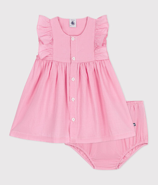 Mouwloos babyjurkje in licht katoen met bloomer en vichyprint wit/roze