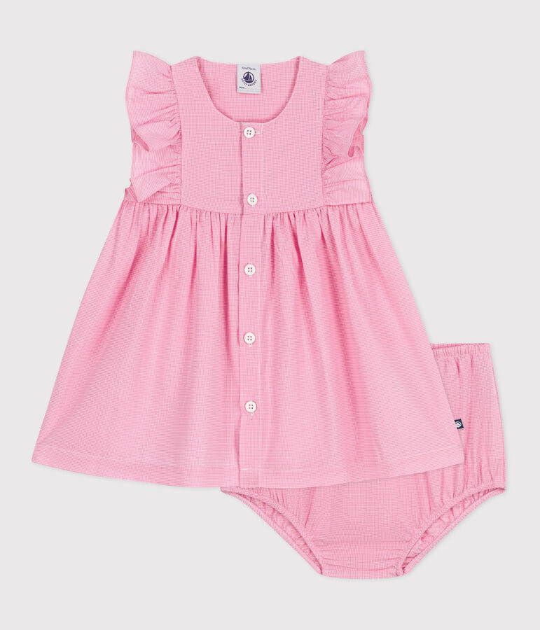 Robe b&eacute;b&eacute; en coton l&eacute;ger sans manches et bloomer, imprim&eacute;s vichy blanc/rose