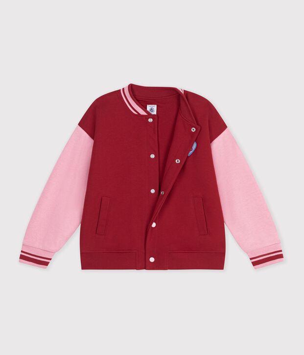 Veste teddy enfant en coton uni colorblock rouge