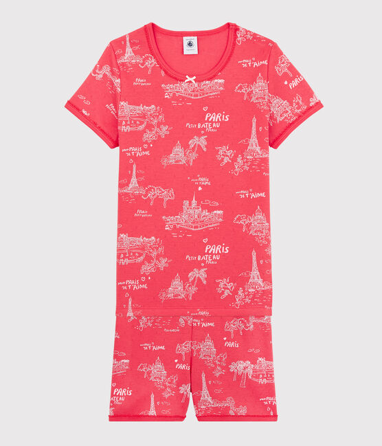 Korte meisjespyjama met print in katoen roze GROSEILLER/roze FLEUR