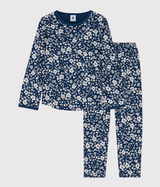 Pyjama fleur petite fille en coton bleu/blanc