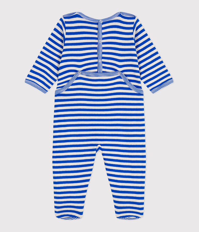 Pyjama b&eacute;b&eacute; en tubique ouverture au dos &agrave; rayures bleu/&eacute;cru