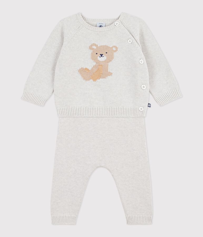 Ensemble 2 pi&egrave;ces b&eacute;b&eacute; en tricot laine et coton et motif ourson beige MONTELIMAR CHINE