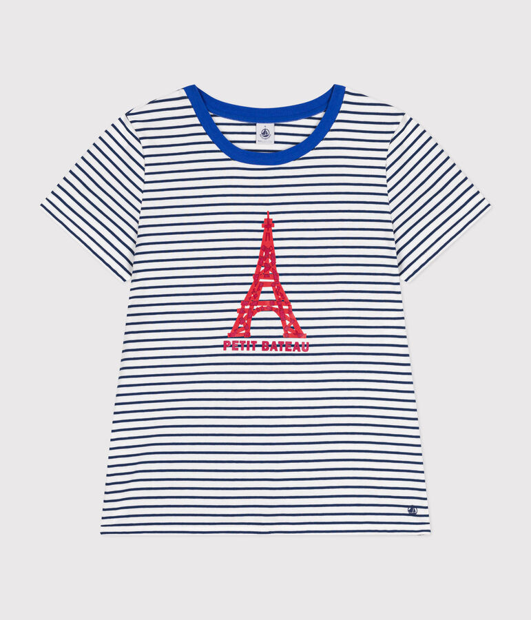 Tee-shirt Le Droit col rond en coton femme blanc/bleu