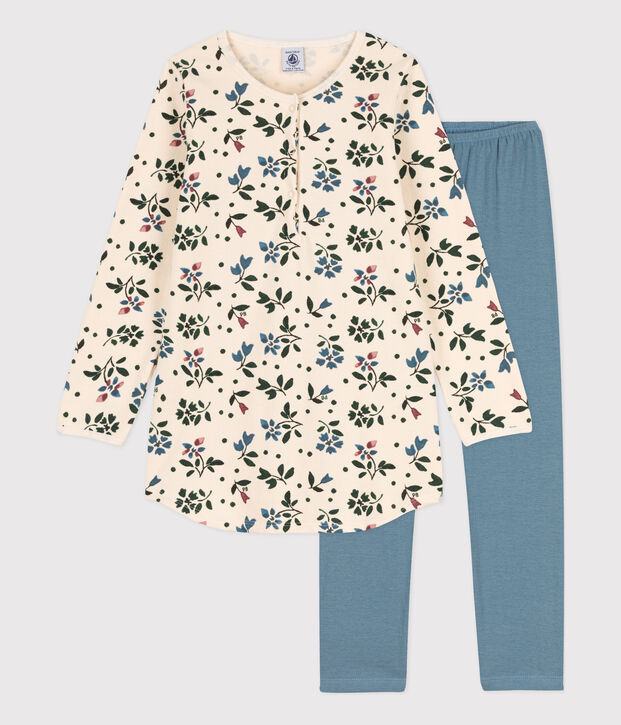 Nachthemd en legging met bloemen voor meisjes in molton en katoen ecru/multicouleur