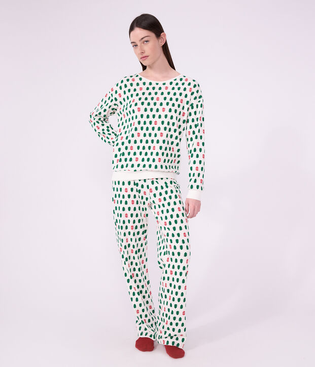 Katoenen damespyjama met dennenprint wit/multicouleur